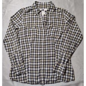 VTG BANANA REPBULIC Women Medium Khaki Plaid Pearl Snap Western‎ Shirt